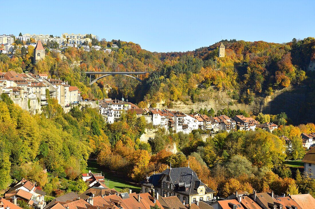 Switzerland, Canton of Fribourg, Fribourg, Lower Town, fortifications and Gotteron bridge