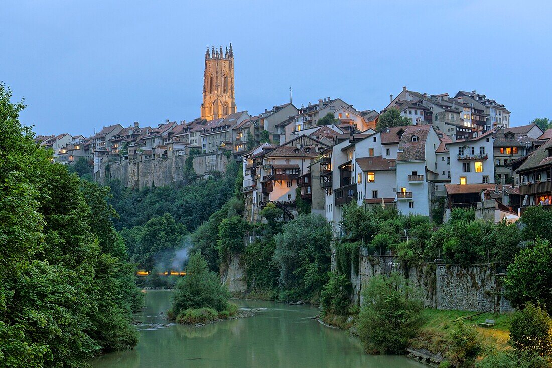 Switzerland, Canton of Fribourg, Fribourg, Sarine River (Saane River) banks, fortifications and San Nicolas Cathedral