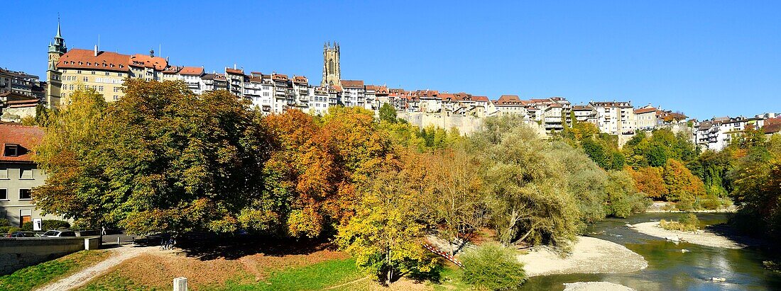 Switzerland, Canton of Fribourg, Fribourg, Lower Town, Sarine River (Saane River) banks and San Nicolas Cathedral