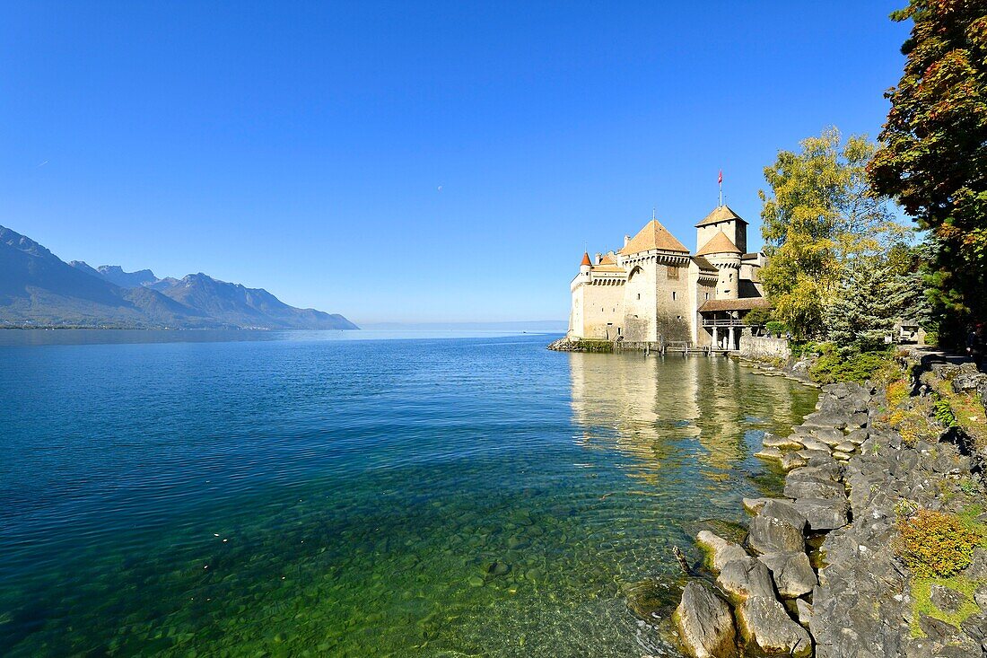 Schweiz, Kanton Waadt, Genfersee, Veytaux, Schloss Chillon im Süden von Montreux