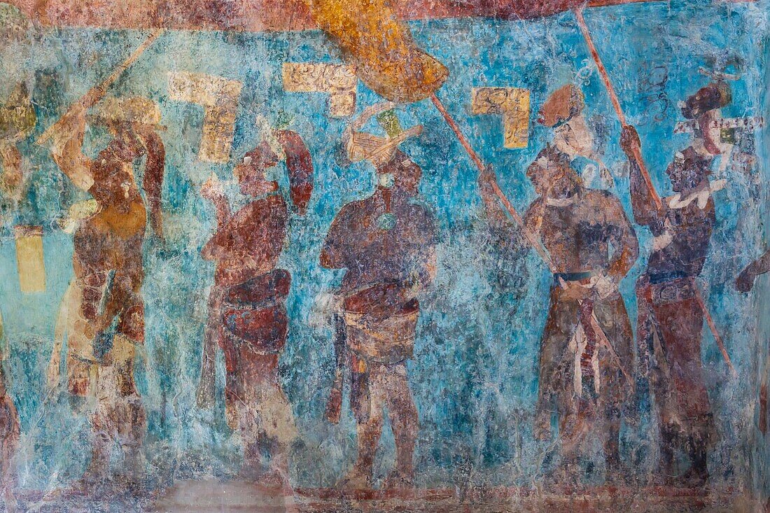 Mexico, Chiapas state, Bonampak, Maya archaeological site, paintings temple