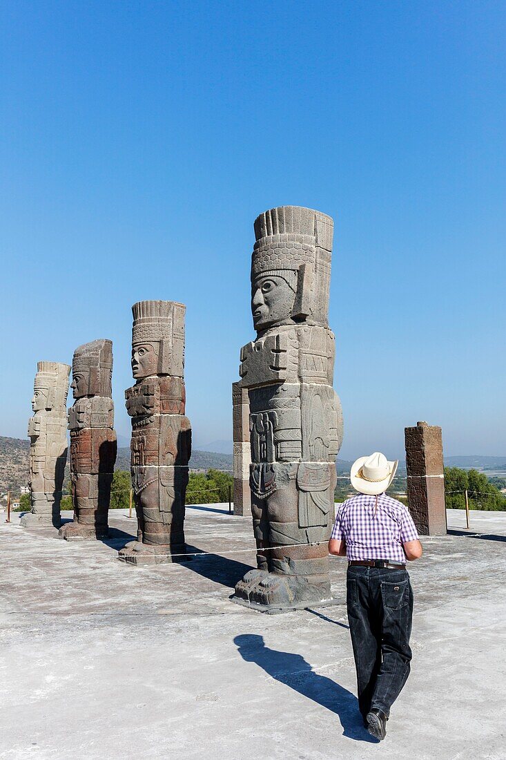 Mexico, Hidalgo state, Tula de Allende, Toltec archaeological site, pillars the Atlantes on the Pyramid of Quetzalcoatl or of the Morning Star