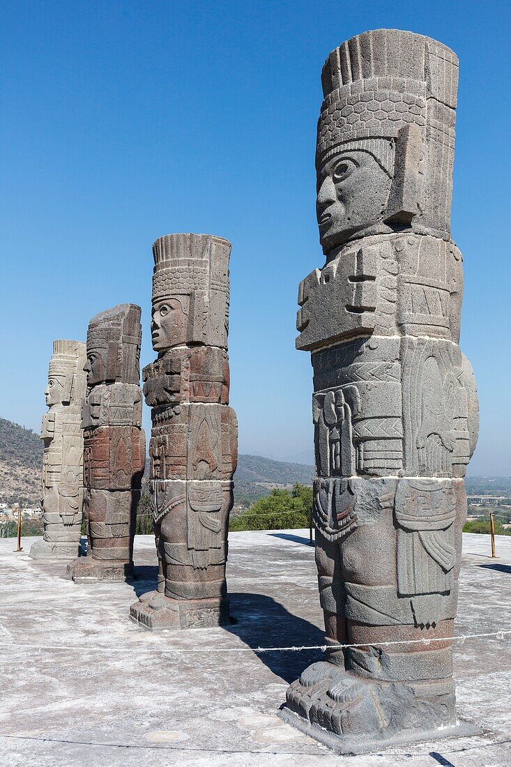 Mexico, Hidalgo state, Tula de Allende, Toltec archaeological site, pillars the Atlantes on the Pyramid of Quetzalcoatl or of the Morning Star