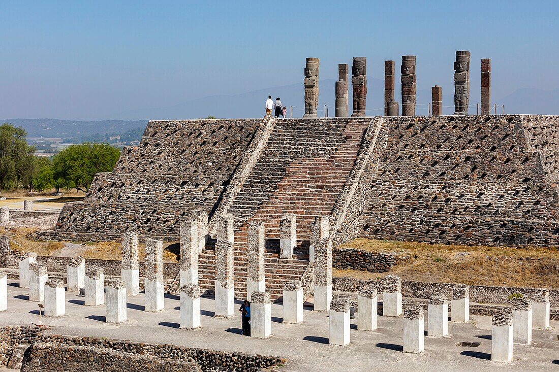 Mexico, Hidalgo state, Tula de Allende, Toltec archaeological site, pillars the Atlantes on the Pyramid of Quetzalcoatl or of the Morning Star