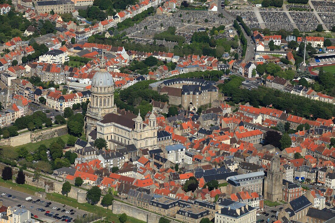 France, Pas de Calais, Boulogne sur Mer, the Notre Dame de l'Immaculee Conception Basilica in the Upper Town of Boulogne sur Mer, aerial view