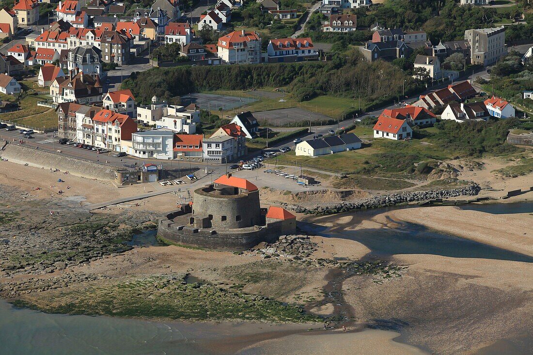 Frankreich, Pas de Calais, Ambleteuse, das unter Ludwig XIV. erbaute Fort Mahon ist ein historisches Denkmal (Luftbild)