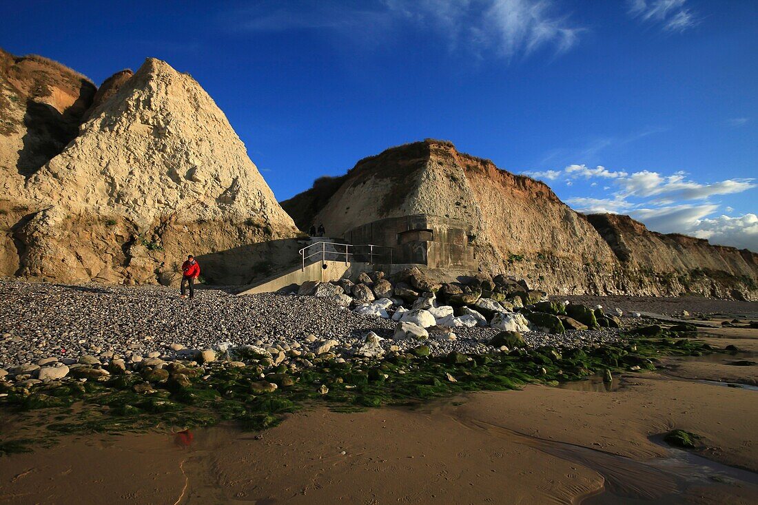 Frankreich, Pas de Calais, Escalles, Spaziergang am Strand von Kap Blanc Nez