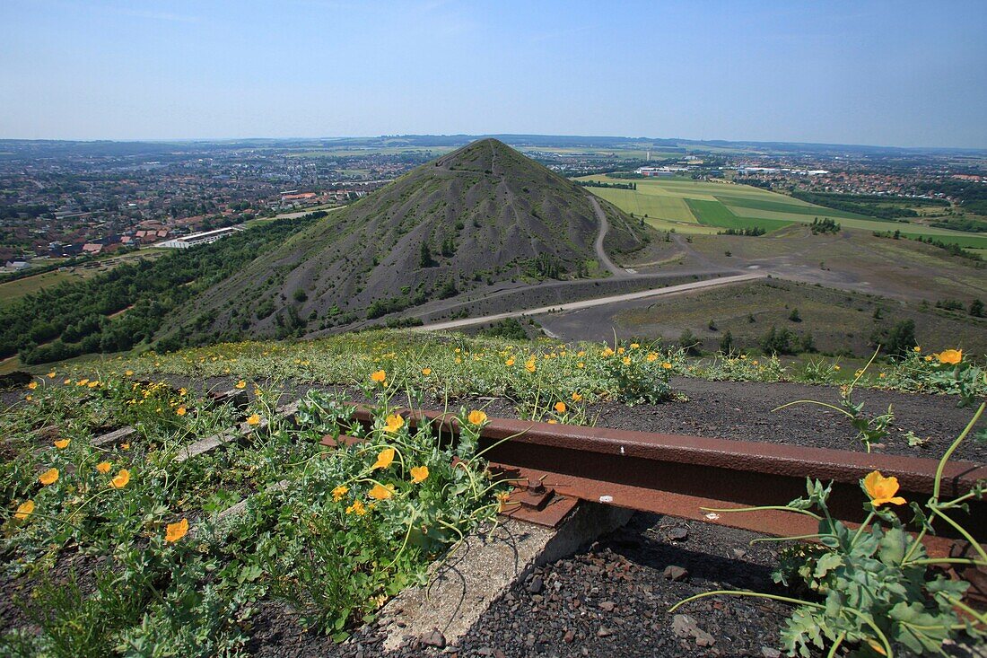 France, Pas de Calais, Loos en Gohelle, Mining Basin around Lens, site 11/19 of Loos en Gohelle. The twin heaps Here, the heave No. 74A seen since the heave No. 74.Site site classified World Heritage of UNESCO