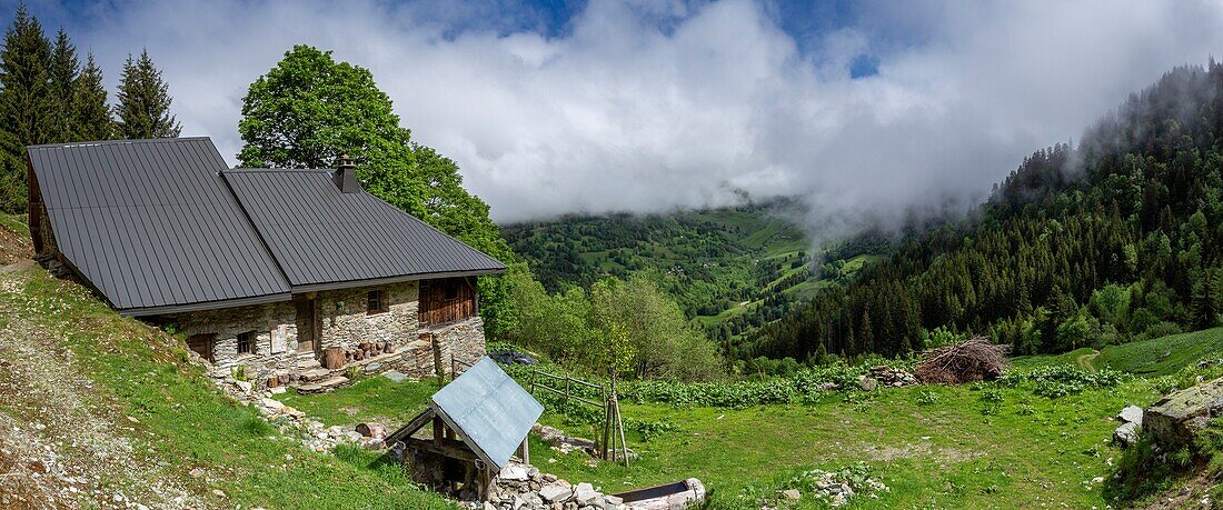 Frankreich, Savoyen, Montsapey, das Chalet du Tour, ehemaliges alpines Gebäude aus der Mitte des 19. Jahrhunderts auf 1400 m Höhe an den Wegen von La Lauzière, das am Lotto des Kulturerbes 2018 teilnimmt