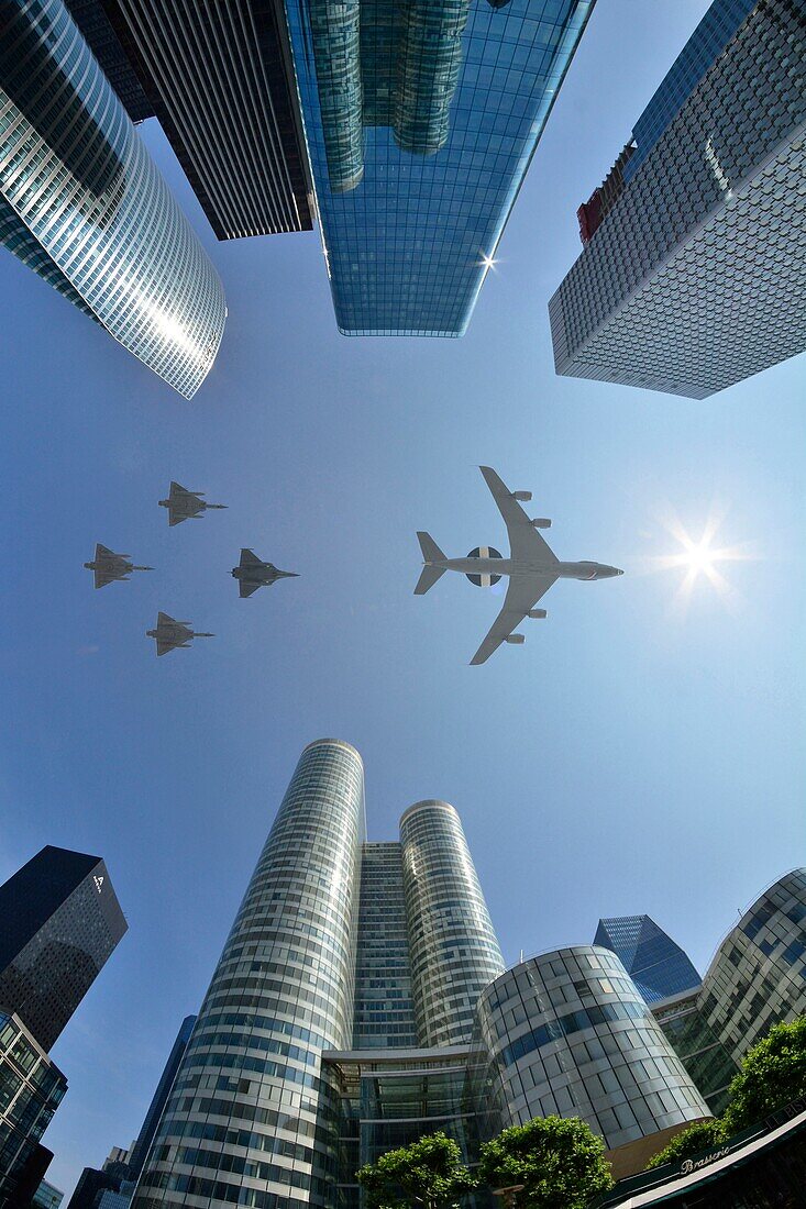 France, Hauts de Seine, La Defense, aerial parade of the national holiday of July 14