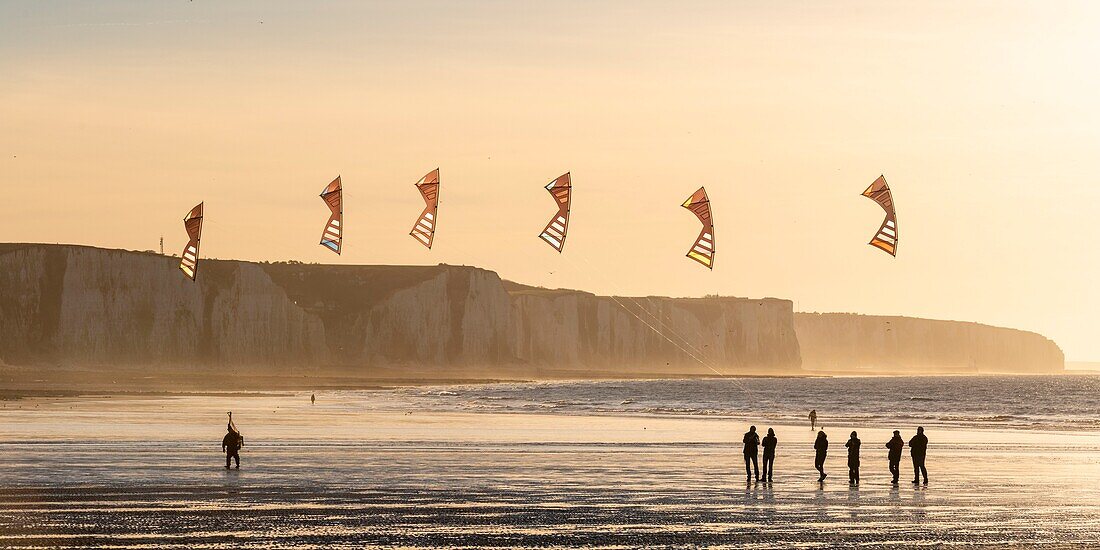 France, Somme, Ault, team of cervicists who trains synchronized kite flying on the beach of Ault near the cliffs at sunset