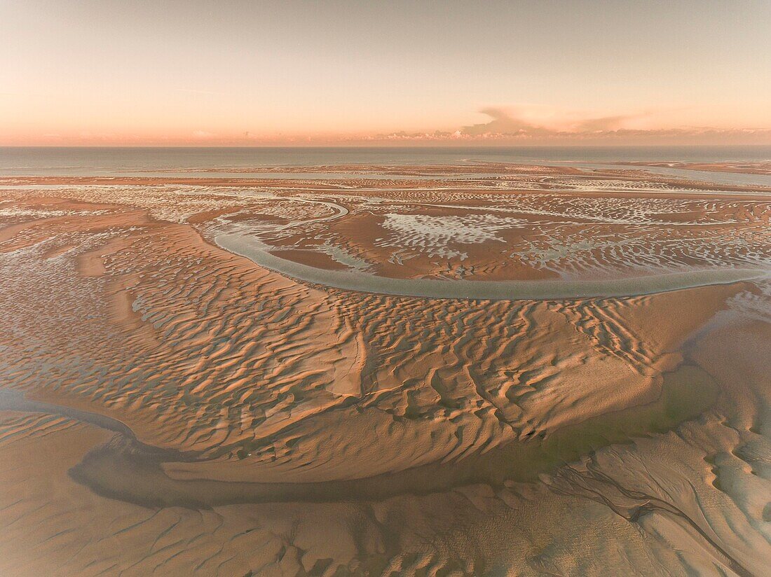 Frankreich, Somme, Baie de Somme, La Mollière d'Aval, Flug über die Baie de Somme bei Cayeux sur Mer, hier besteht die Uferlinie aus dem Kieselstrand, der sich bis zu den Klippen von Ault erstreckt und bei Ebbe sind die Sandbänke zu sehen