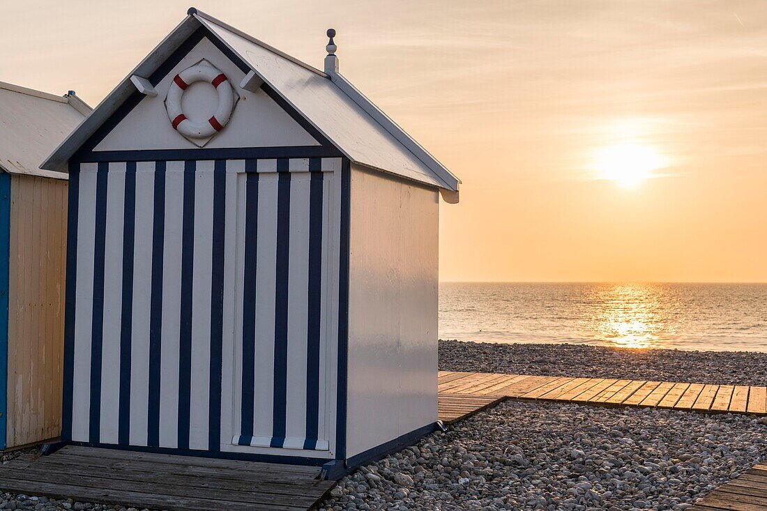 France, Somme, Cayeux sur Mer, the beach cabins on the longest boardwalk in Europe