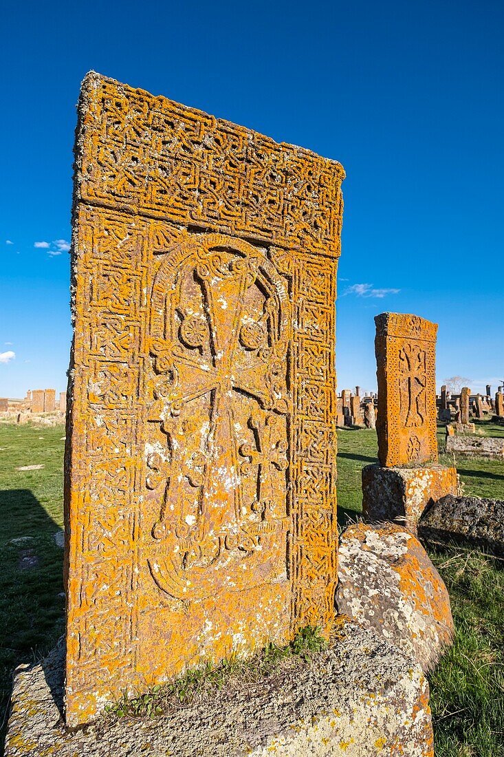 Armenia, Gegharkunik region, surroundings of Sevan, Noraduz (or Noratus), cemetery of medieval tombs called khachkars on the banks of Sevan lake