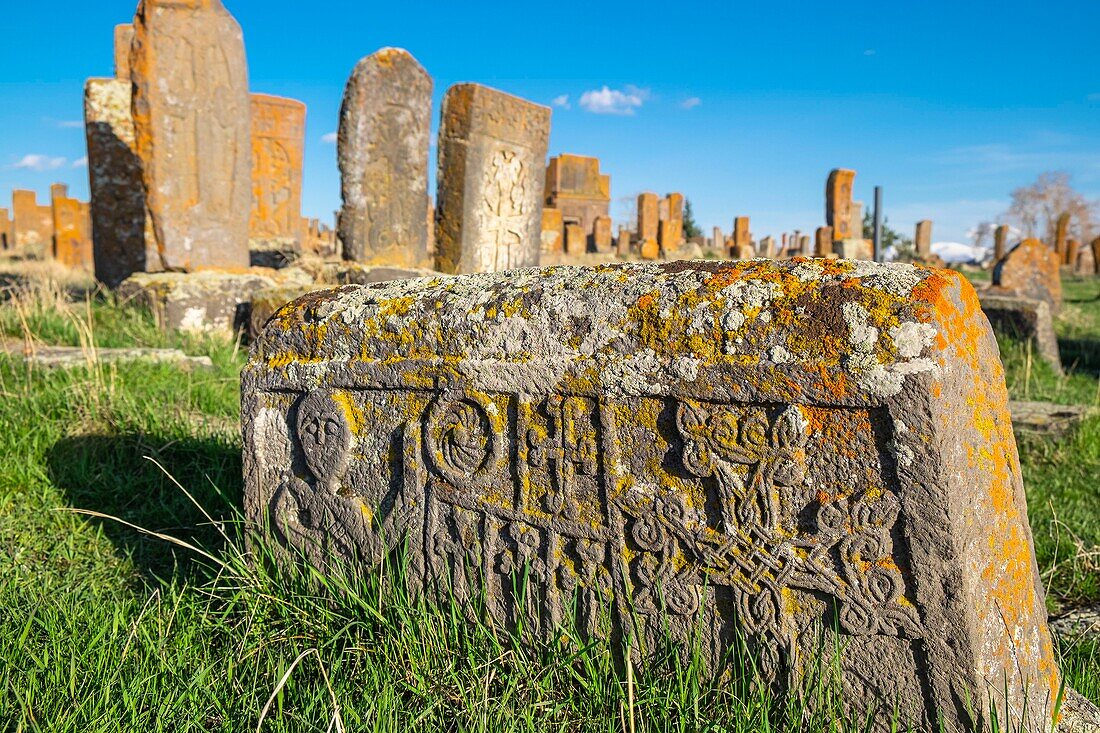 Armenia, Gegharkunik region, surroundings of Sevan, Noraduz (or Noratus), cemetery of medieval tombs called khachkars on the banks of Sevan lake