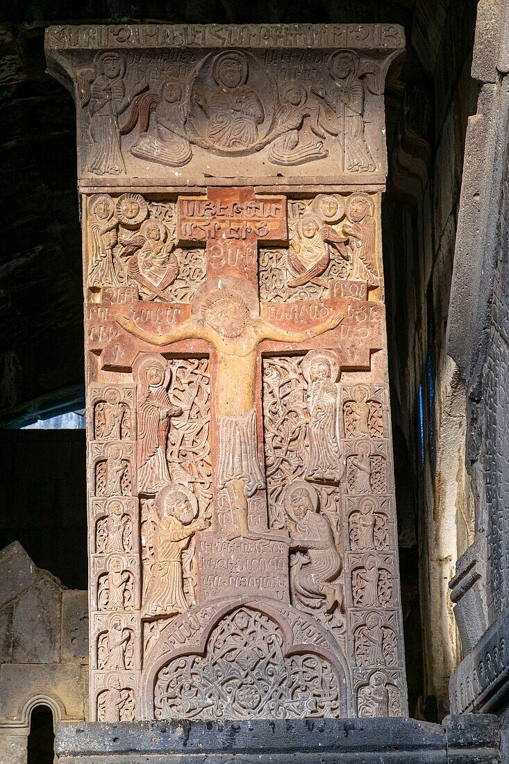 Armenia, Lorri region, Debed valley, surroundings of Alaverdi, Haghpat monastery, founded between the 10th and 13th centuries, a UNESCO World Heritage site, khatchkar (carved memorial stele) called Amenaprkich (Holy Savior)