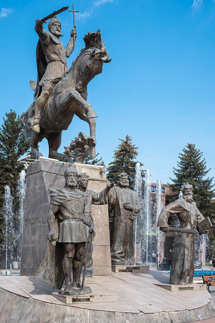 Armenia, Shirak region, Gyumri, historic district or Kumayri, Freedom square or Vartanants square, memorial to the Battle of Avarayr erected in 2008 and including historic Armenian figures and the equestrian statue of Vartan Mamikonian