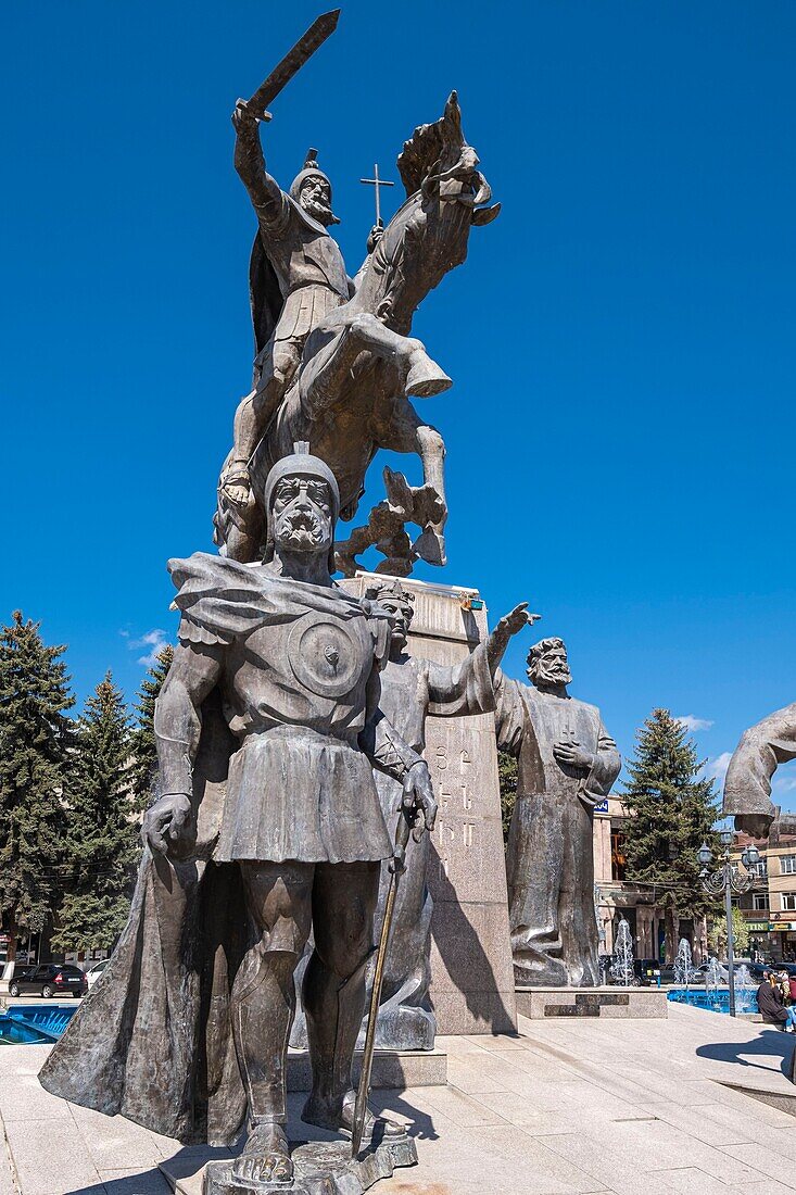 Armenia, Shirak region, Gyumri, historic district or Kumayri, Freedom square or Vartanants square, memorial to the Battle of Avarayr erected in 2008 and including historic Armenian figures and the equestrian statue of Vartan Mamikonian