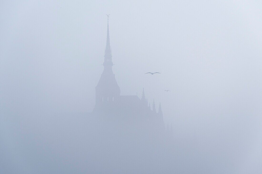 Frankreich, Manche, Bucht von Mont Saint Michel, von der UNESCO zum Weltkulturerbe erklärt, Abtei von Mont Saint Michel, Nebel