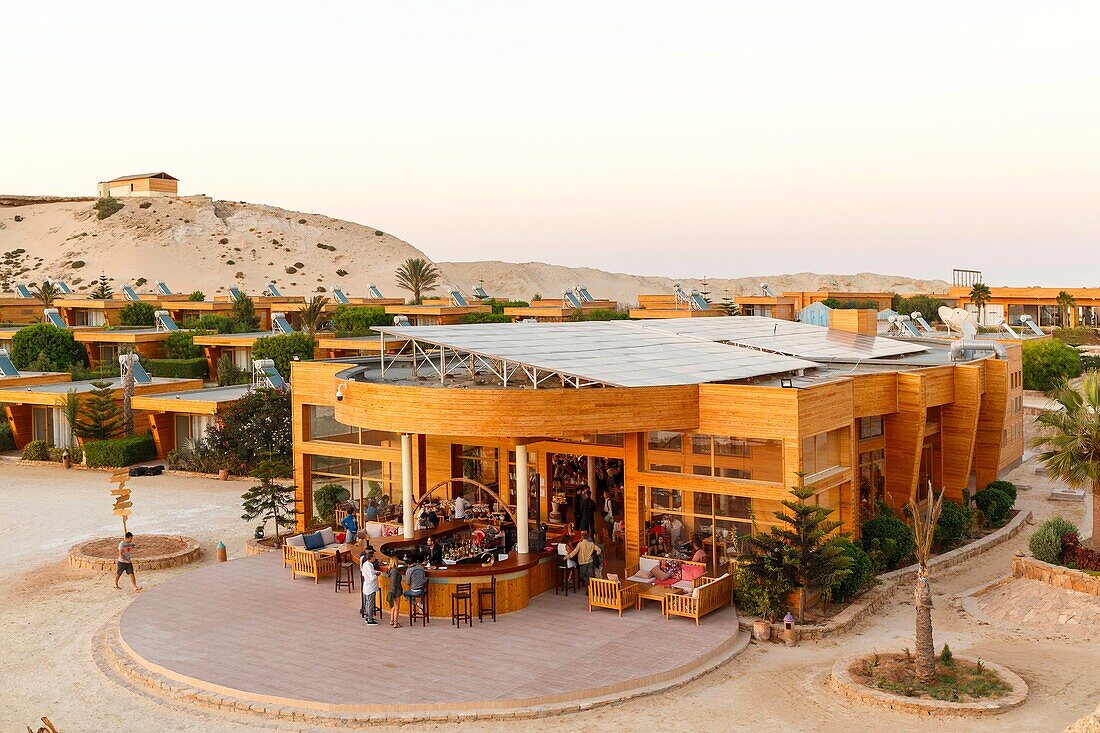 Marocco, Oued Ed-Dahab, Dakhla,Dakhla Club Resort, view from the terrace of a restaurant of an eco-lodge at sunset