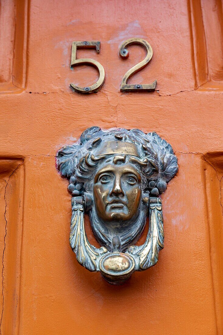 Ireland, Dublin, Merrion Square, the famous colorful doors and their brass knobs and handles typically from Georgian art