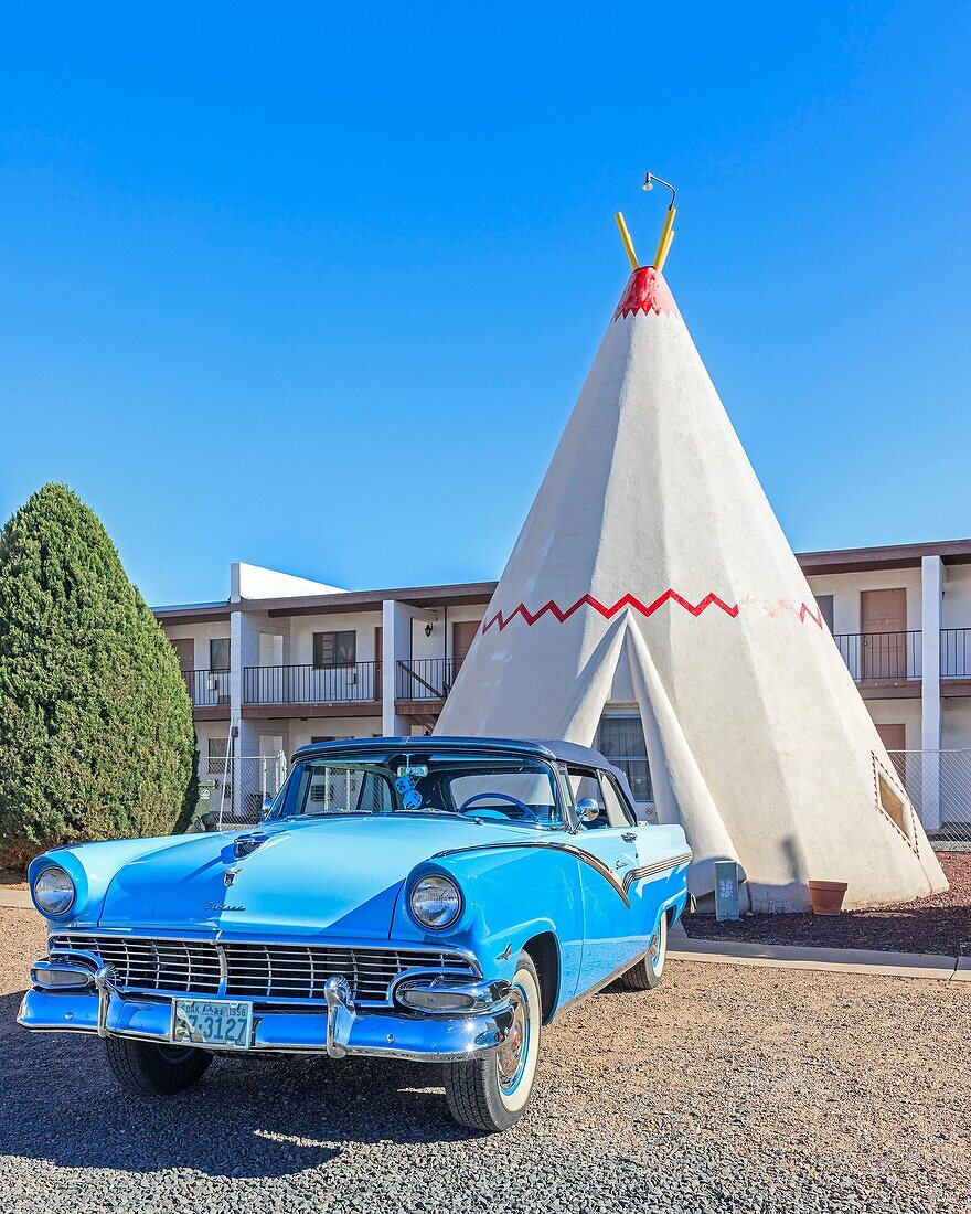 United States, Arizona, Route 66, Holbrook, Wigwam Motel listed on the National Registered of Historic Places with collector car