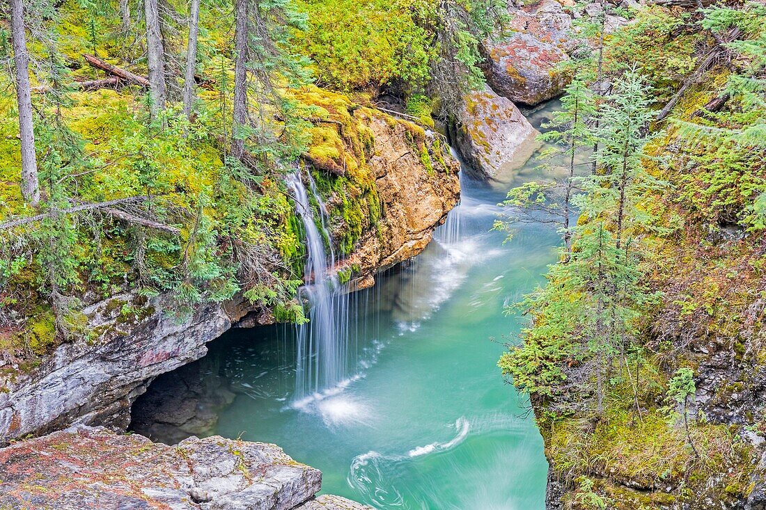 Kanada, Alberta, Kanadische Rocky Mountains, die zum UNESCO-Weltnaturerbe gehören, Jasper National Park, Wasserfall im Maligne Canyon