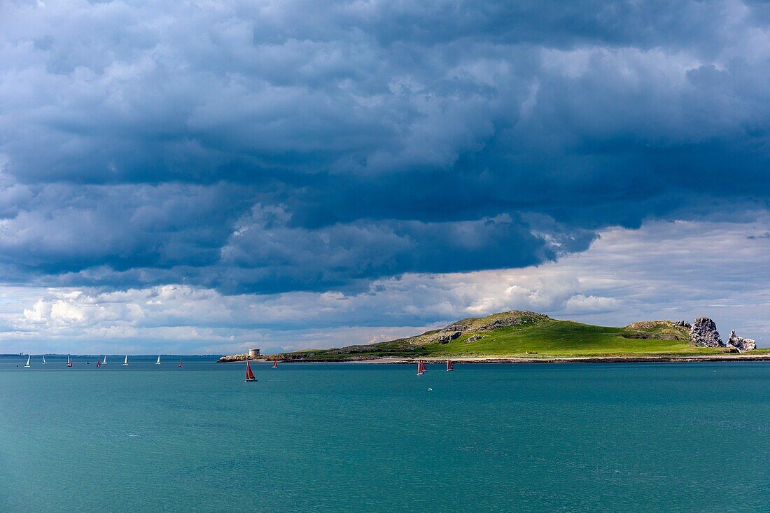 Ireland, Fingal County, northern suburbs of Dublin, Howth, sailboats off the wild island of Ireland's Eye