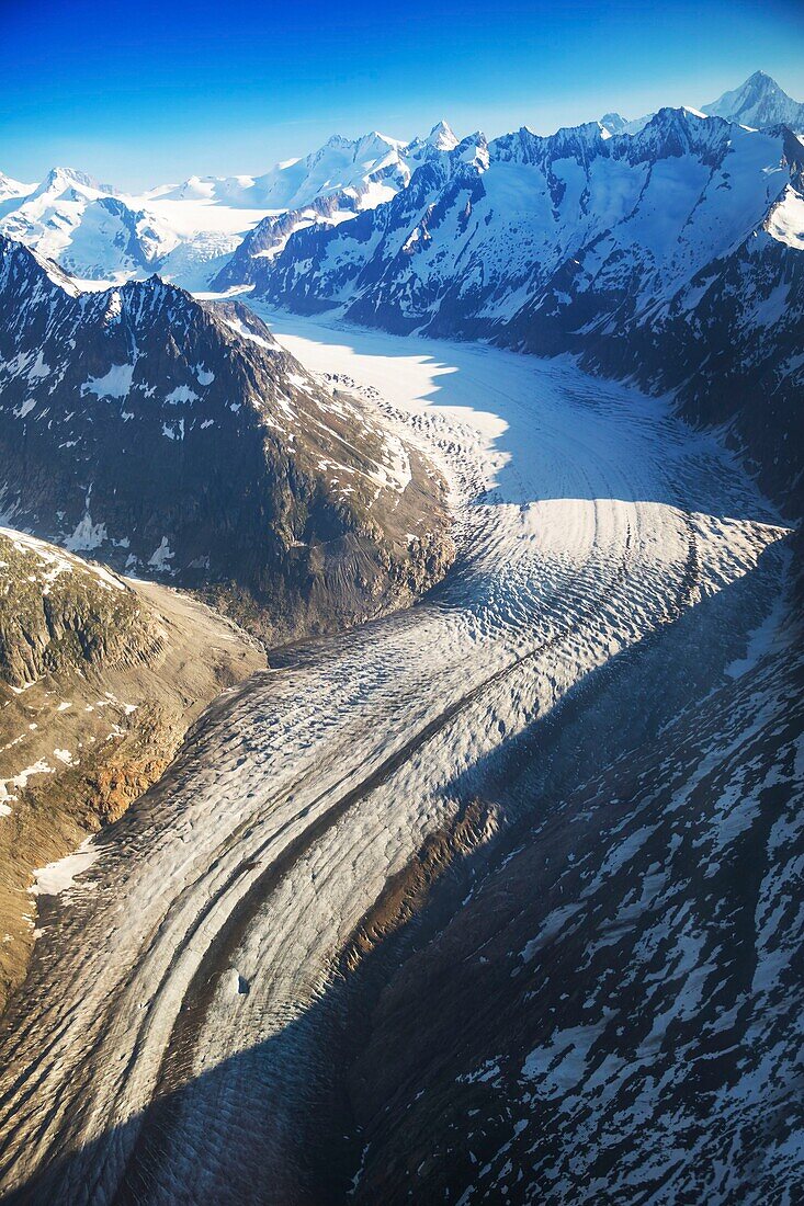 Switzerland, Valais, Jungfrau Region, Aletsch Glacier (UNESCO site) (aerial view)