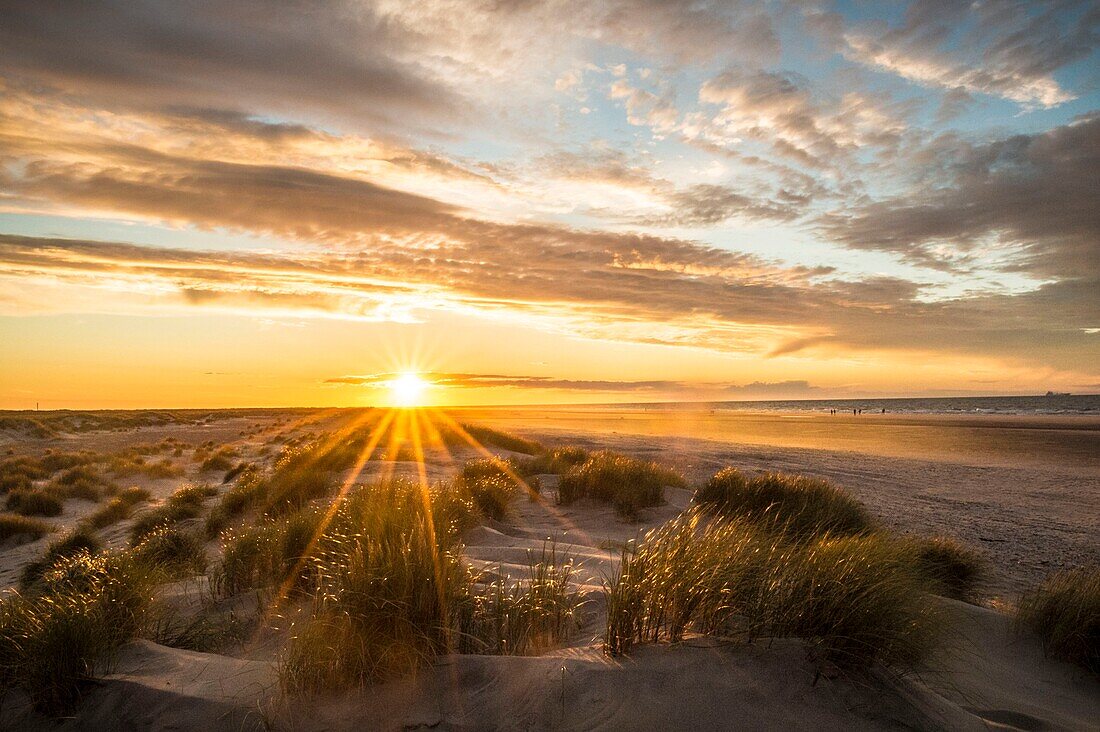 Dänemark, Nordjütland, die Spitze von Grenen ist ein Landstreifen im äußersten Norden Dänemarks, in der Nähe der Stadt Skagen, wo sich die beiden Meerengen Skagerrak und Kattegat treffen, hier bei Sonnenuntergang