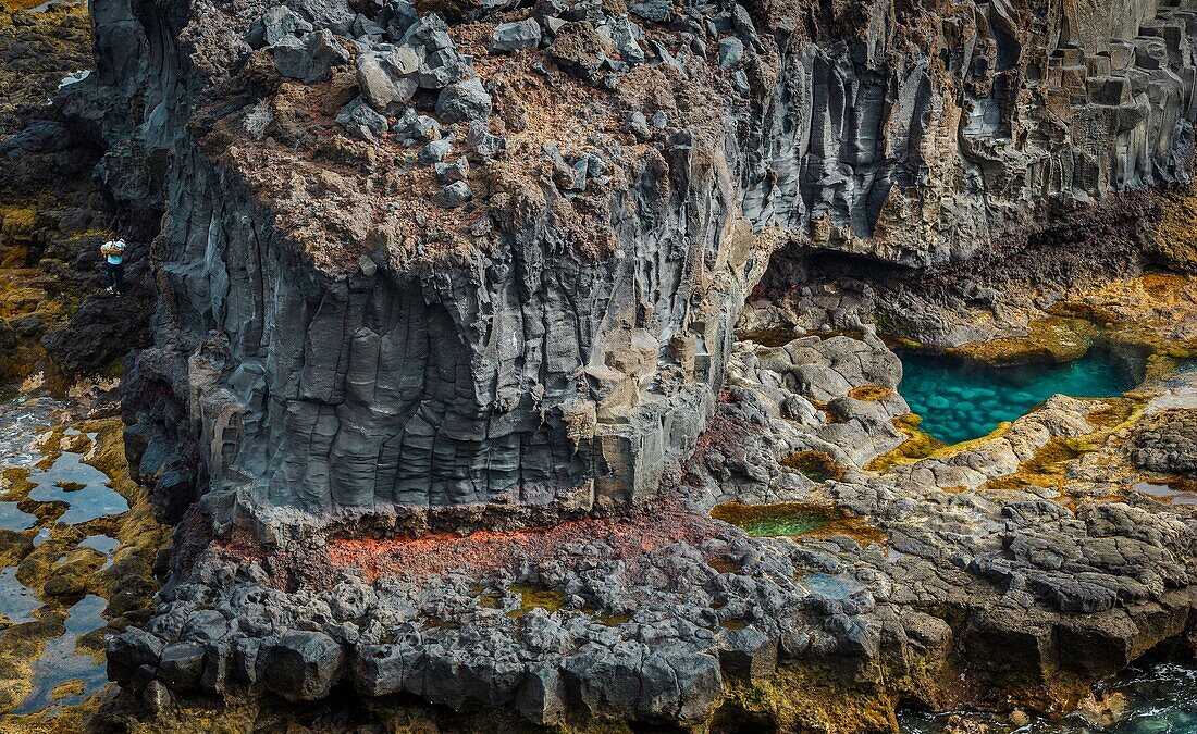 Spain, Canary Islands, La Palma, saltwater ponds on a volcanic rock