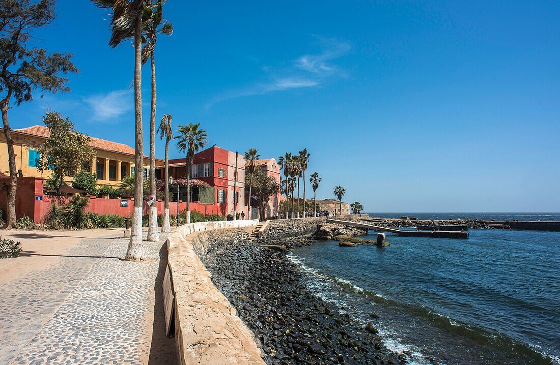 Senegal, Dakar, Goree Island, UNESCO World Heritage Site, seawall and US Consul Strickland's former house