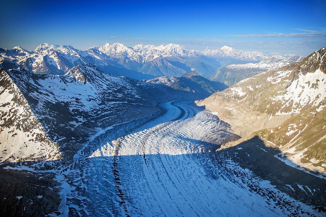 Switzerland, Valais, Jungfrau Region, Aletsch Glacier (UNESCO site) (aerial view)