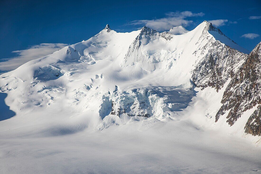 Switzerland, Canton of Valais, the mount Nadelhorn (4327m) and the mount Stecknadelhorn (4241m) (aerial view)