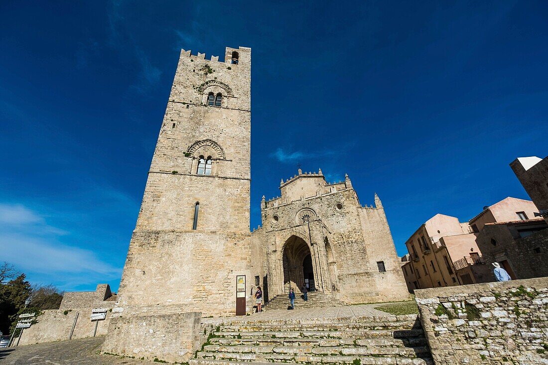 Italy, Sicily, Erice, fortified medieval city above Trapani, campanile tower of the Duomo dell'Assunta or Assumption Dome