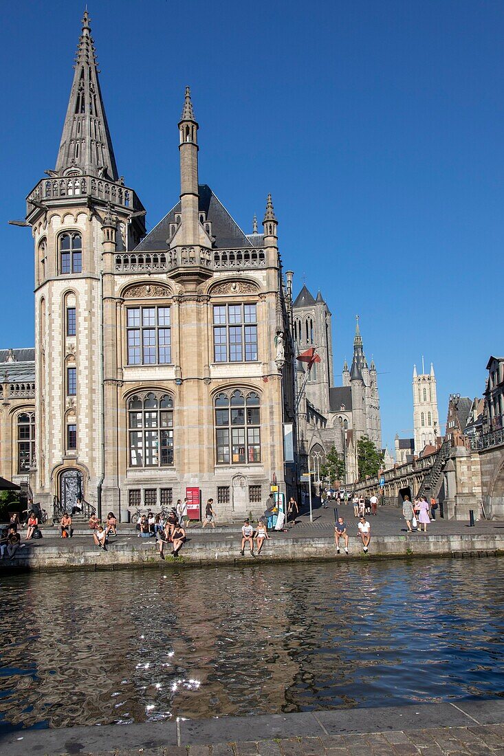 Belgium, East Flanders, Ghent, Graslei (Quai aux Herbes), along the Lys, old post office and Saint Nicolas church, belfry and Saint Bavon cathedral