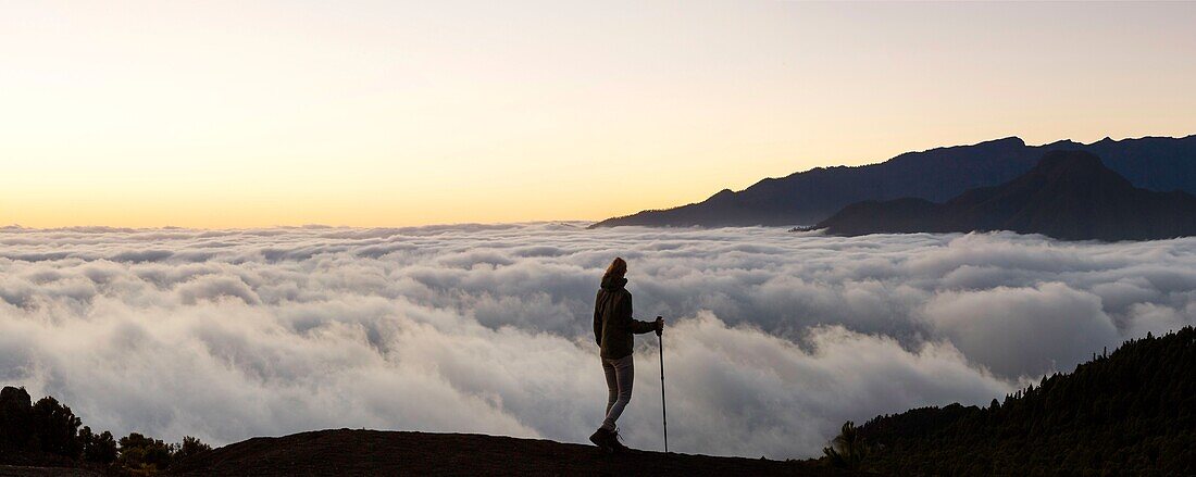 Spain, Canary Islands, La Palma, silhouette of a hiker in front of a cloud sea at sunset