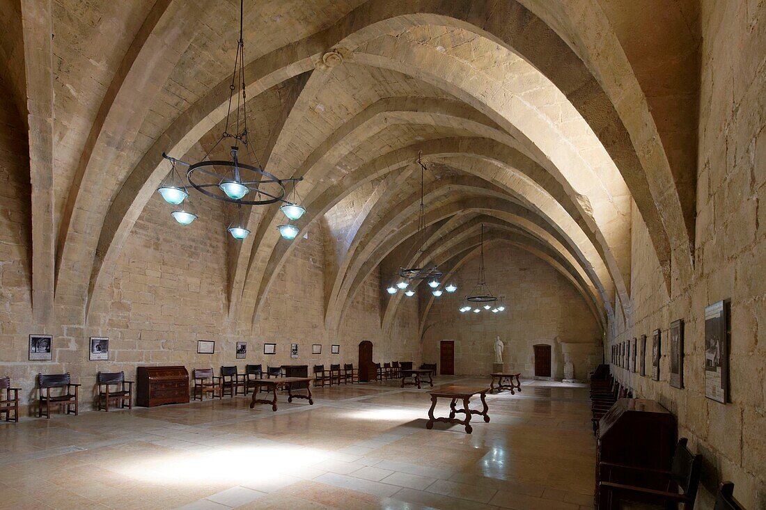 Spain, Catalonia, Tarragona Province, Conca de Barbera comarca, Vimbodi, La ruta del Cister, Monastery Santa Maria de Poblet, listed as World Heritage by UNESCO, the dining hall