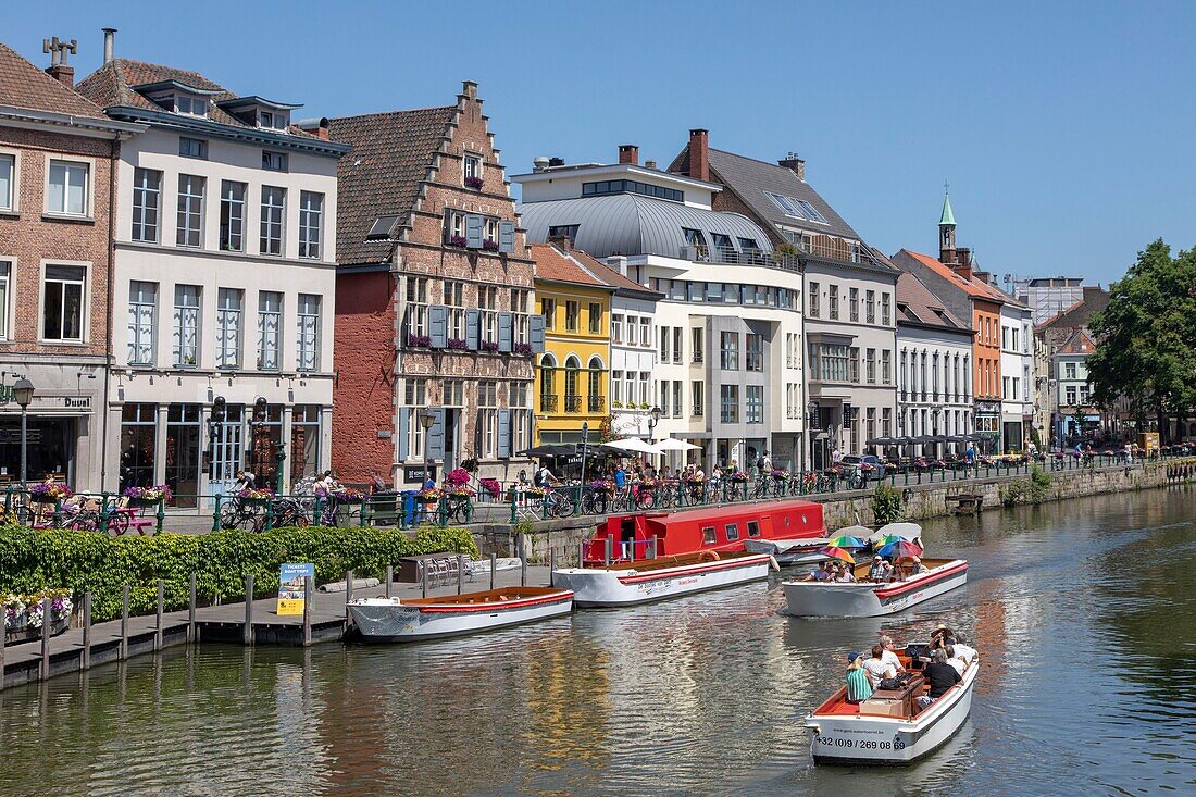 Belgium, East Flanders, Ghent, Kraanlei (Quai de la Grue), along the Lys, tourist boats