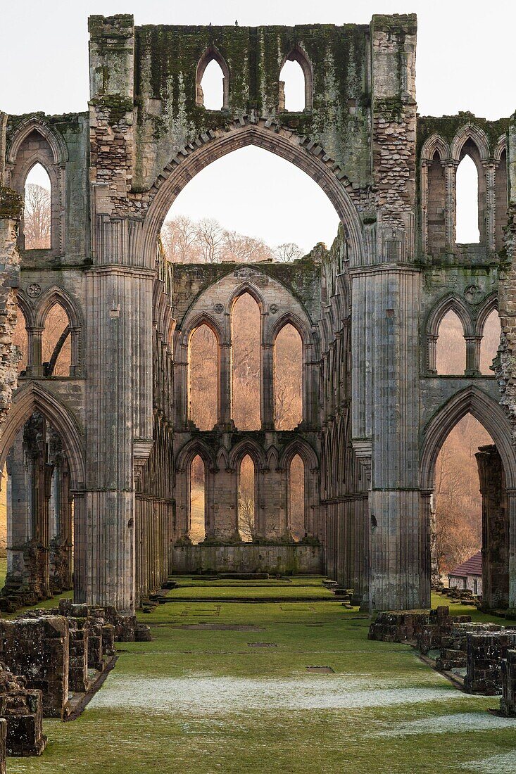 Vereinigtes Königreich, England, Yorkshire, Rievaulx Abbey, Innenansicht bei Sonnenuntergang