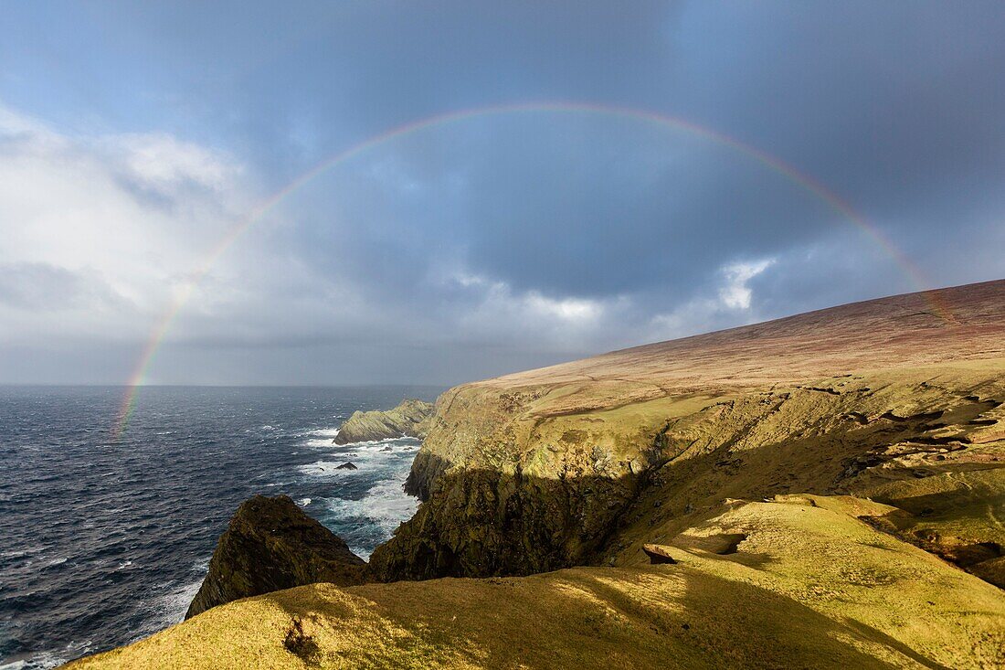 United Kingdom, Scotland, Shetland Islands, Unst island, Hermaness National Nature Reserve, full rainbow connecting the rocky coast and the sea