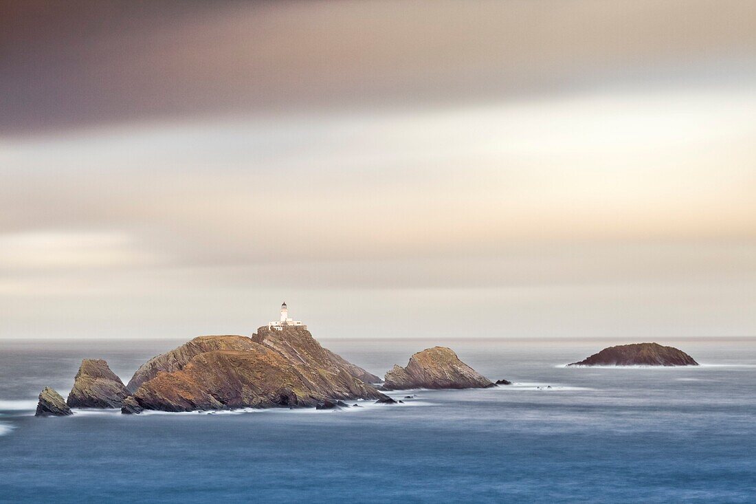 United Kingdom, Scotland, Shetland Islands, Unst island, Hermaness National Nature Reserve, Muckle Flugga, northernmost lighthouse in the United Kingdom