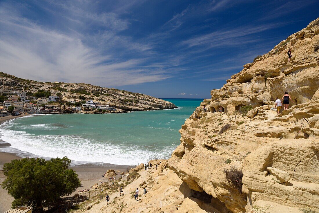 Greece, Crete, Matala, Matala Bay, bay of Matala and beach viewed from the archaeological site