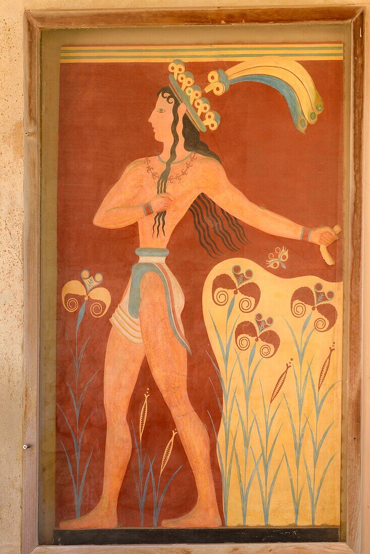 Greece, Crete, Knossos, archeological site, Palace of King Minos, fresco in relief of the Prince with lily flowers: King-high priest wearing a wreath of lily flowers and peacock feathers, with his left hand he holds a leash, perhaps a griffin