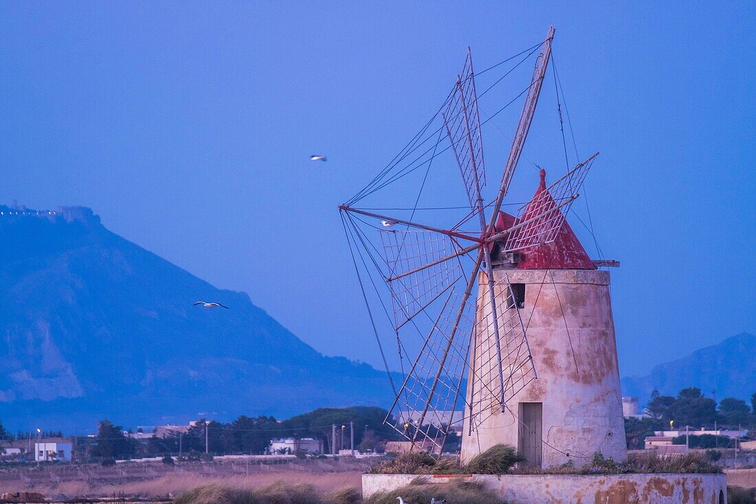 Italien, Sizilien, Marsala, Saline Dello Stagnone, Salzwiesen, Windmühle