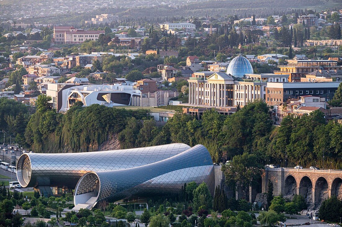 Georgia, Tbilisi, panorama from Narikala fortress, Rike Concert Hall and presidential Palace in the background