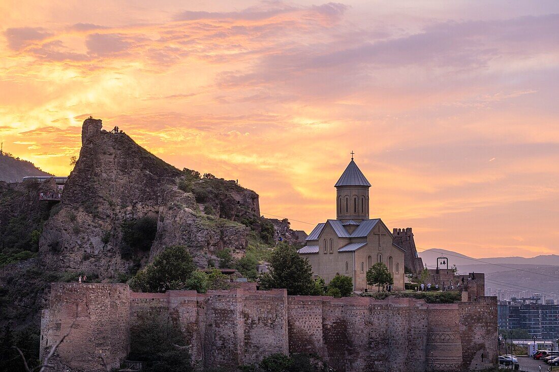 Georgia, Tbilisi, Narikala fortress and Saint Nicholas church overlook the Old Tbilisi (or Dzveli Kalaki)