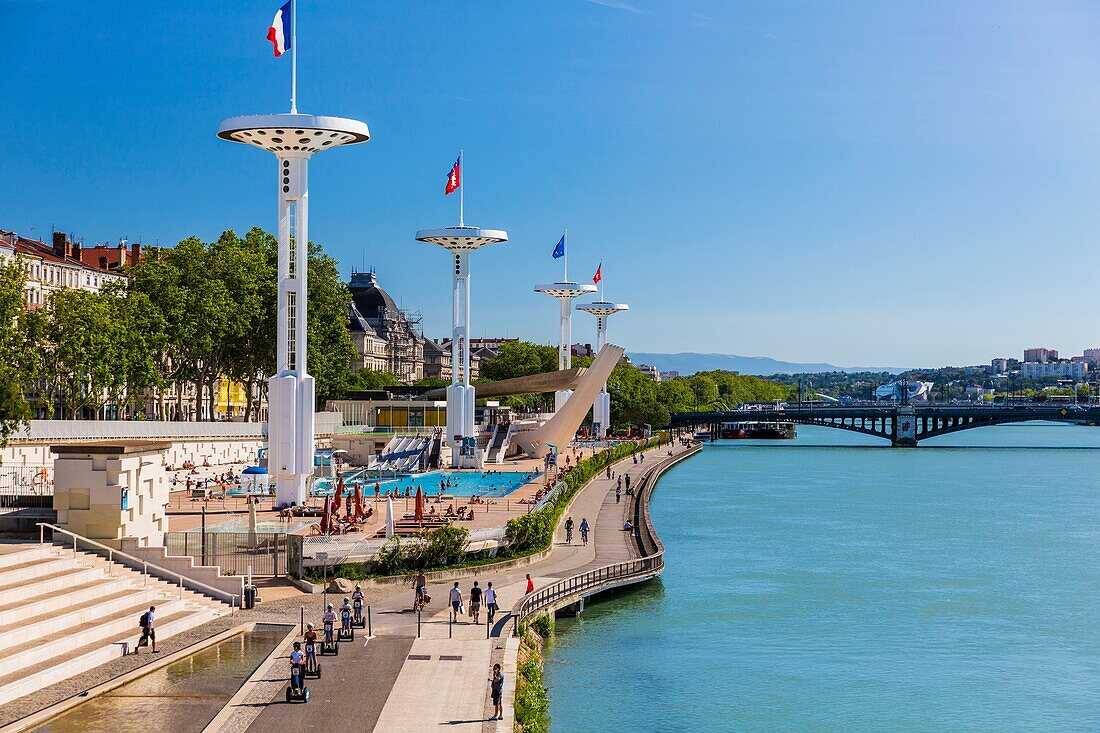 France, Rhône, Lyon, La Guillotiere district, Karen Blixen riverbank on the Rhone, Tony Bertrand Nautical Center and Universite bridge