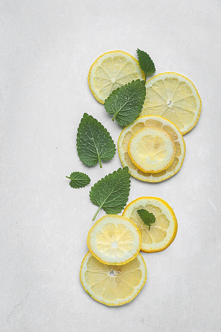 Top view of slices of bright yellow lemons arranged with green lemon balm leaves on a textured grey surface, ideal for culinary and natural themes.