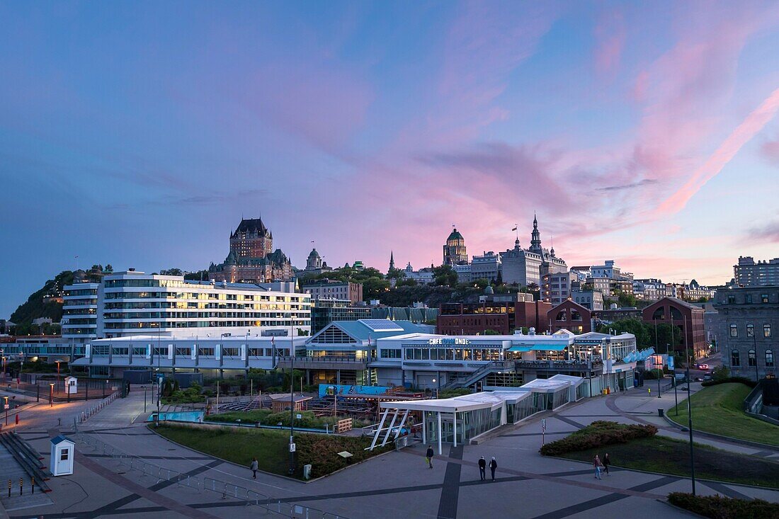 Canada, Quebec, Quebec City, the city and the Chateau de Frontenac at sunset from the docks